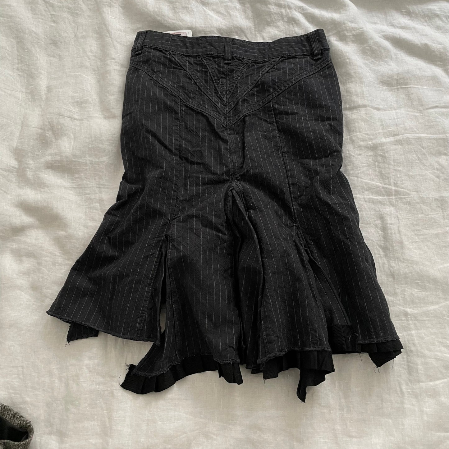 vintage ddp dark grey striped zip ruffle mermaid hem midi skirt