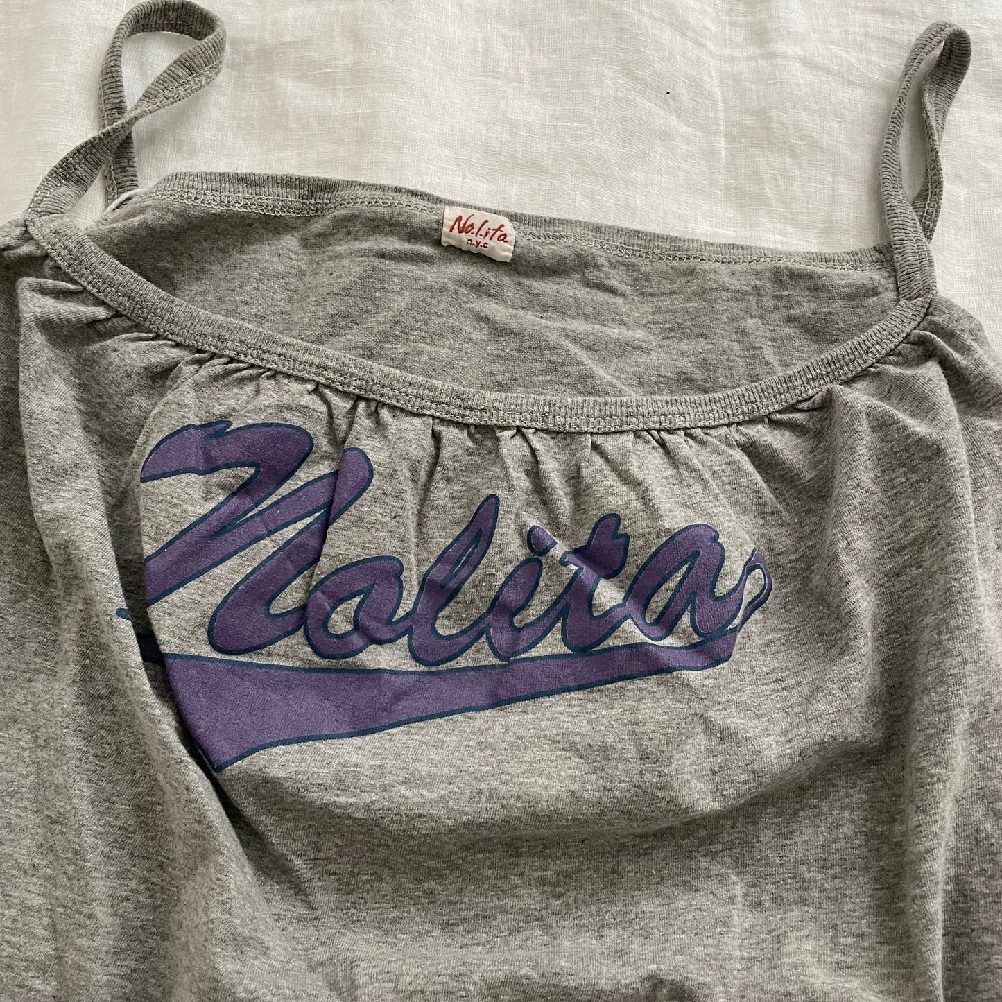 vintage sporty grey silk cotton nolita purple text tank top