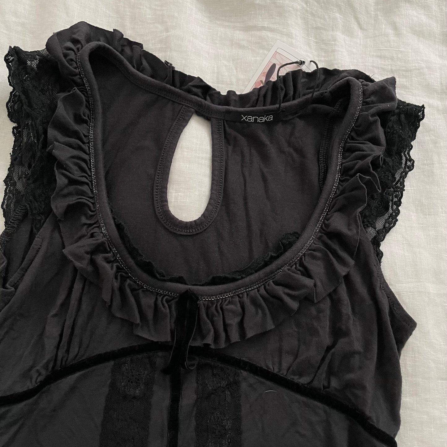 black grey ruffle coquette lacey xanaka frilly camisole top