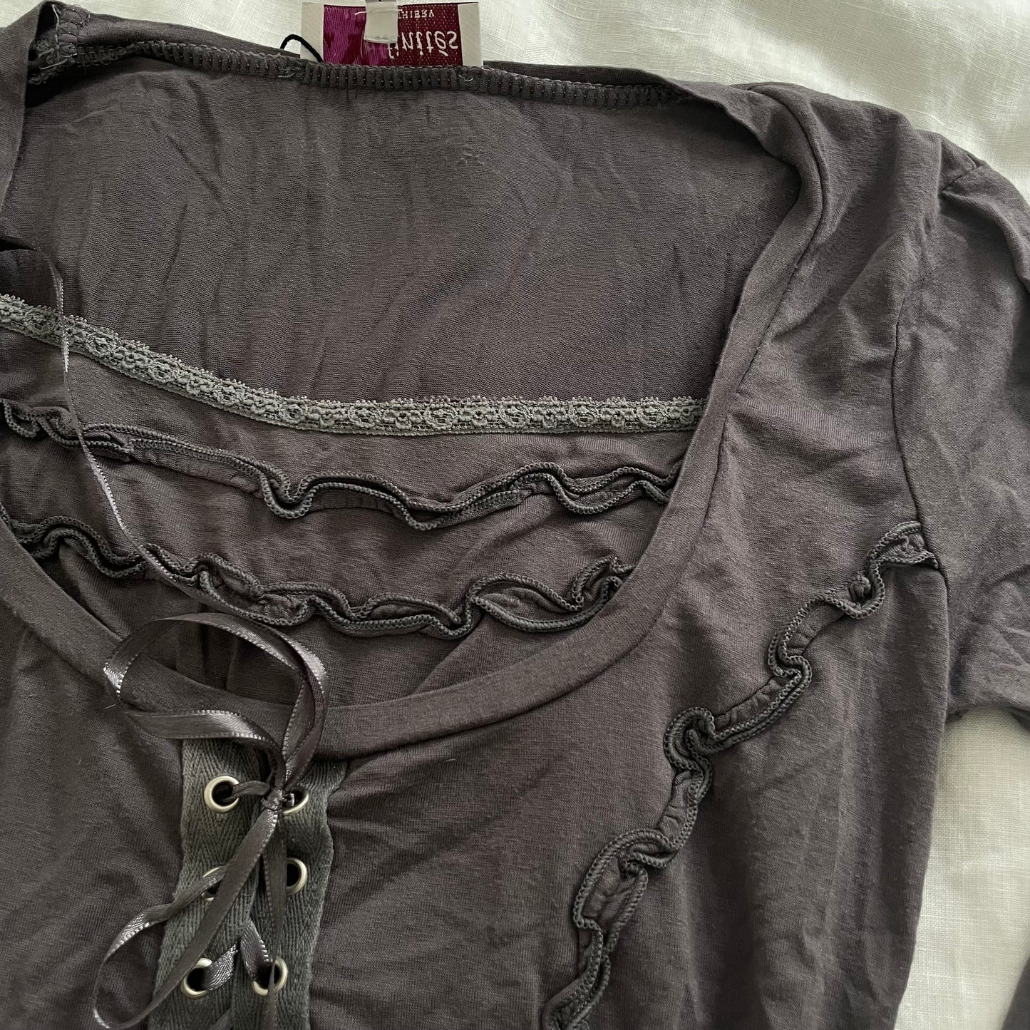 armand thierry purple taupe boho 3/4 sleeve bustier corset lace up style milkmaid top