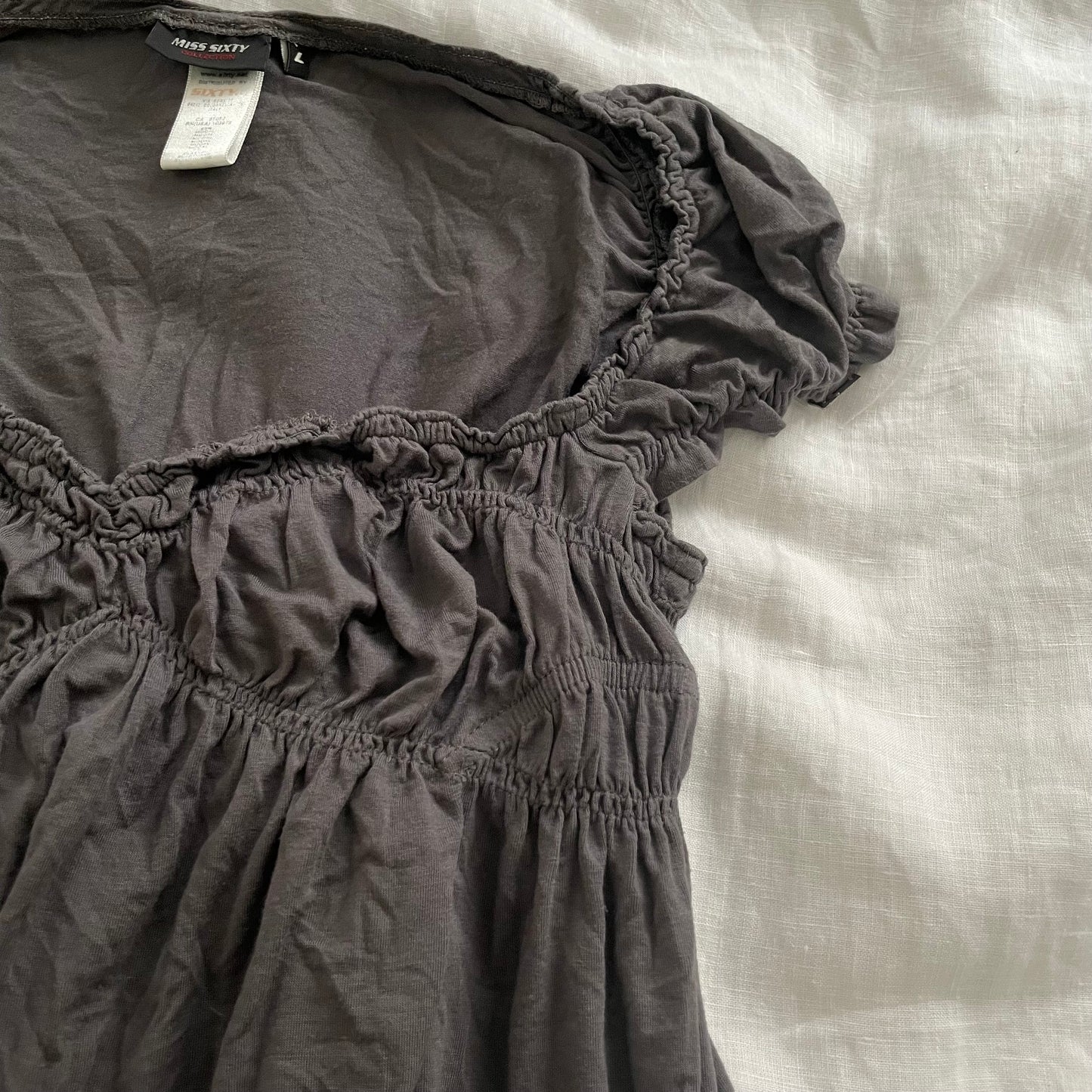 miss sixty grey taupe balletcore ruched puff cap sleeve babydoll milkmaid top