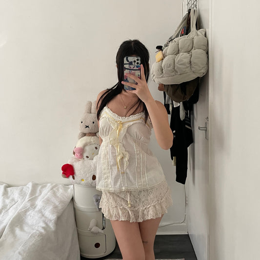 ladies* cream white camisole with ruffle and gold/cream satin ribbon detail