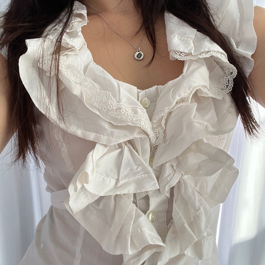 Rinascimento Ivory White Romantic Ruffle Lace French Cap Sleeve Blouse Shirt