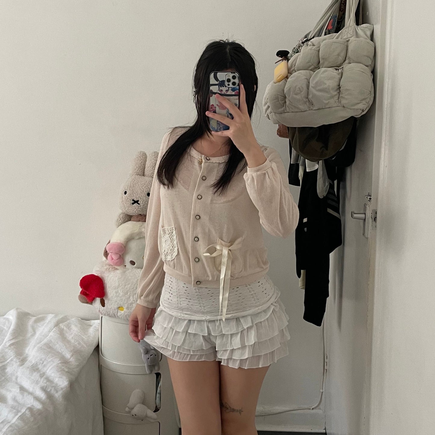 coquette white sheer ruffle tiered beige lace waistband bloomer shorts