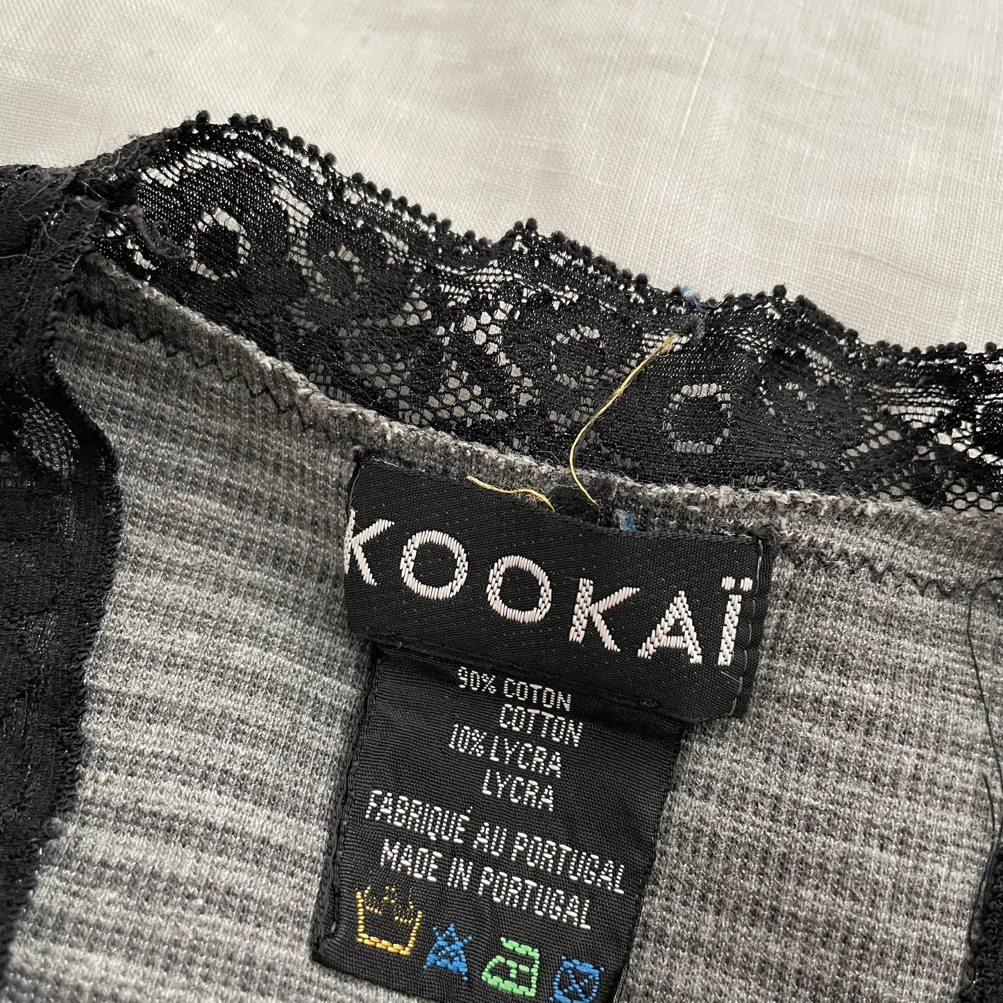 90s kookai preppy grey striped long sleeve cardigan top with black lace trim