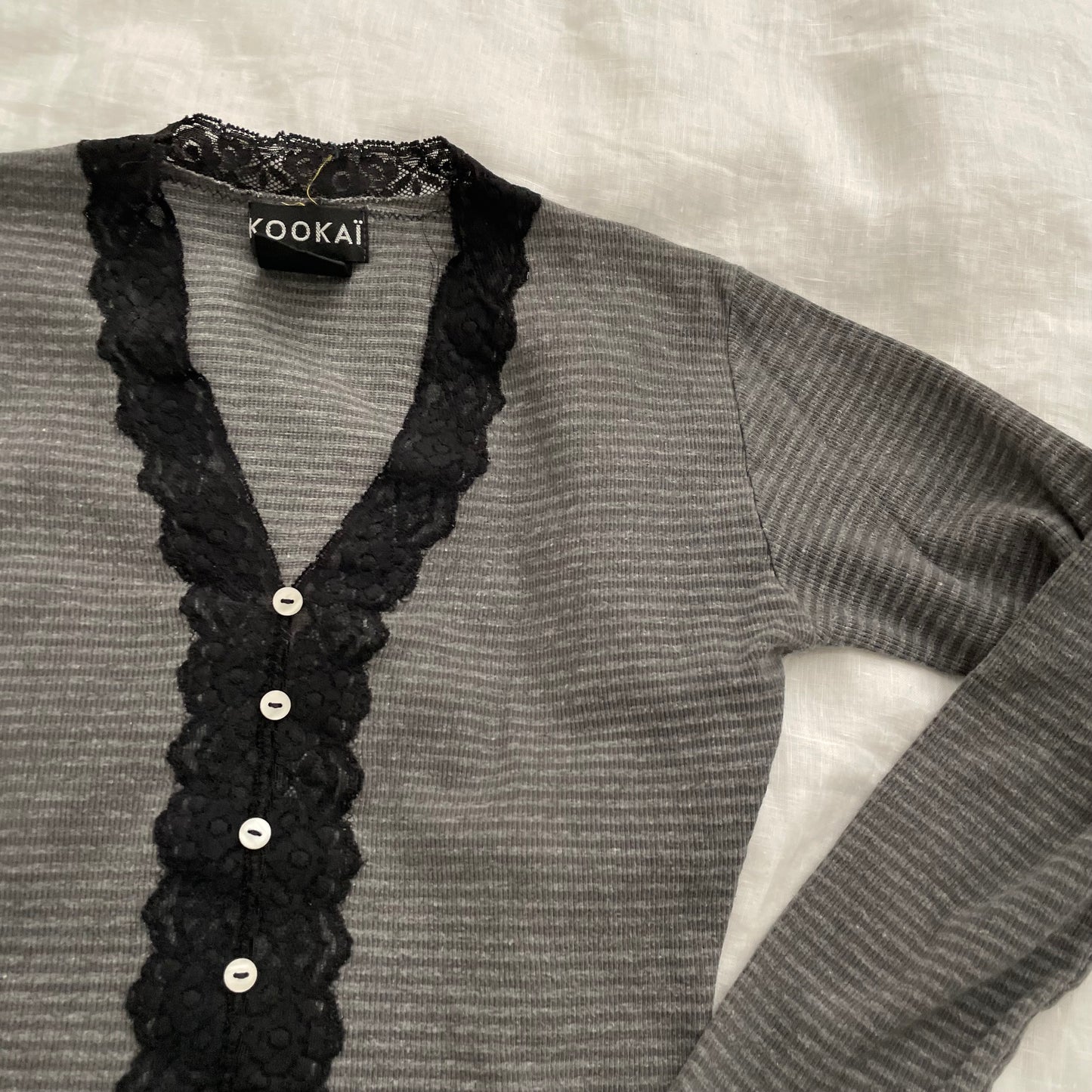 90s kookai preppy grey striped long sleeve cardigan top with black lace trim