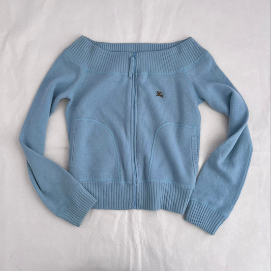 Baby Blue Burberry Blue Label Wide Neck Zip Sweater Cardigan Top