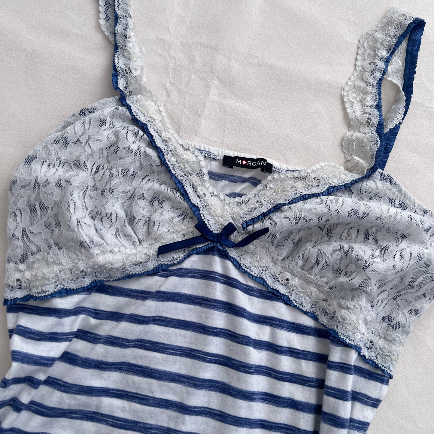Morgan De Toi Lacey Blue White Striped Ruffle Hem Camisole