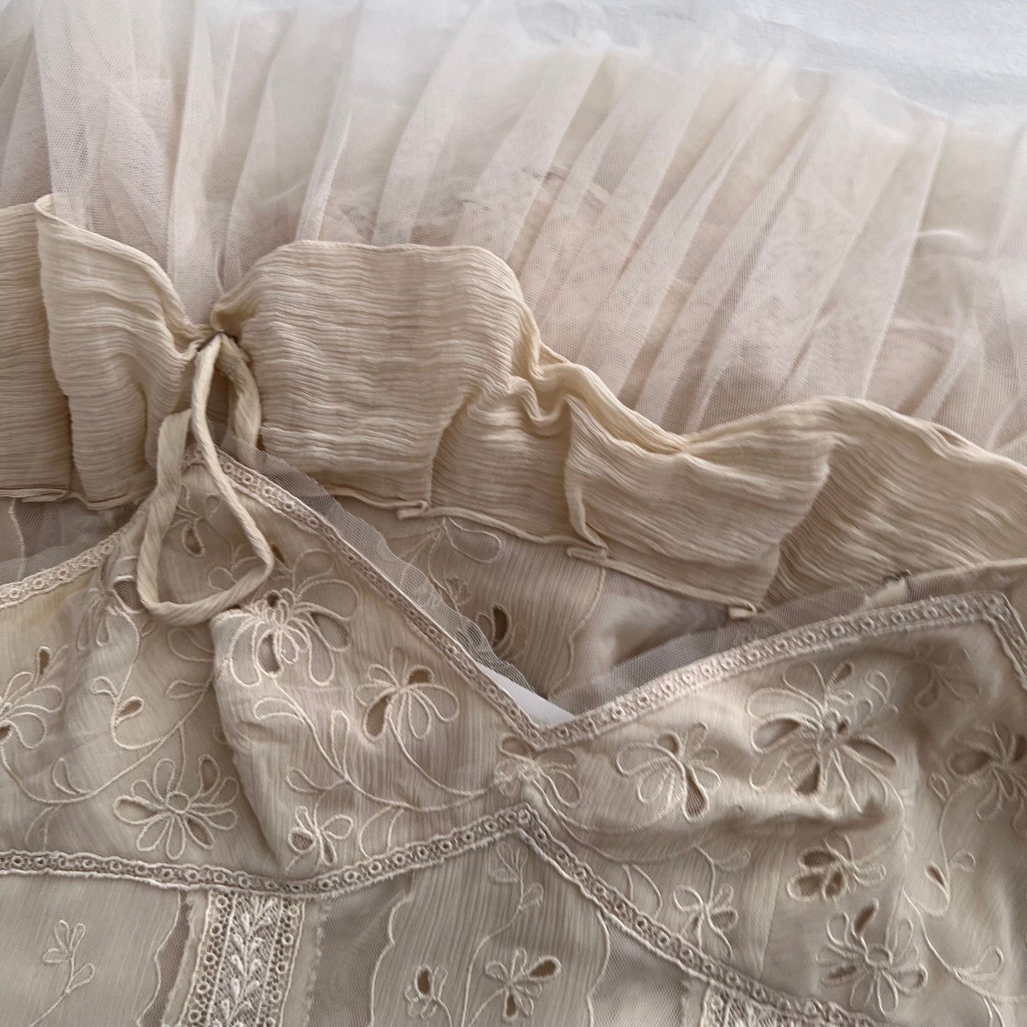 Bcbgmaxazria Beige Broderie Anglaise Cotton Flared Ruffle Hem Midi Dress