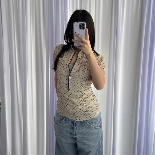 DKNY Ivory Cream Navy Polka Dot Ruched French Cap Sleeve Blouse