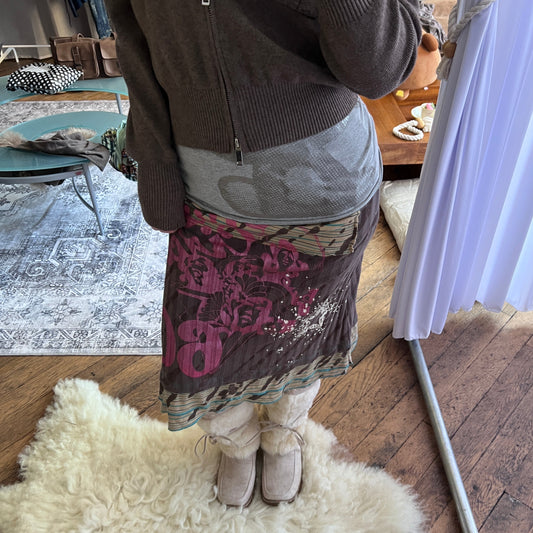 Vintage Stmfive Brown Pink Mix Print Graphic Ribbed Midi Skirt