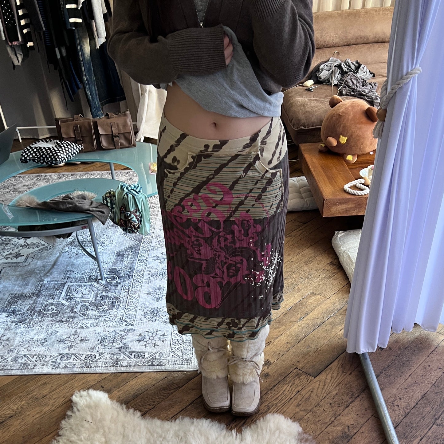 Vintage Stmfive Brown Pink Mix Print Graphic Ribbed Midi Skirt