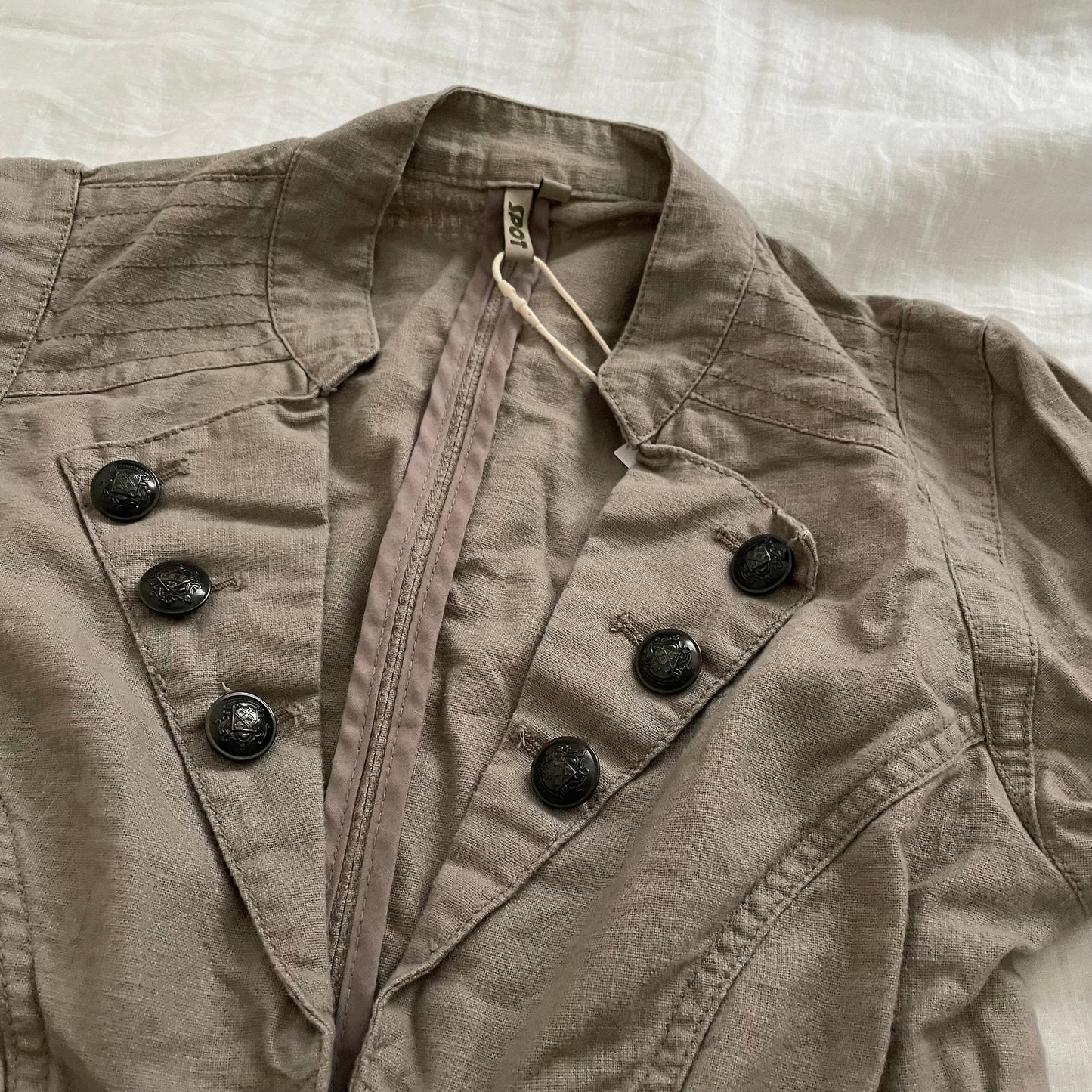 beige brown spot corpcore utility button accent linen blazer jacket