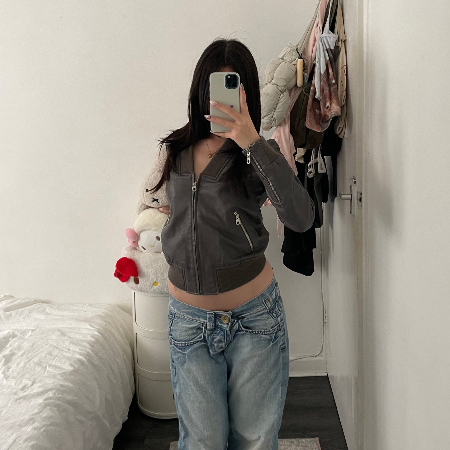 double standard taupe brown grey leather blouson ribbed hem biker jacket