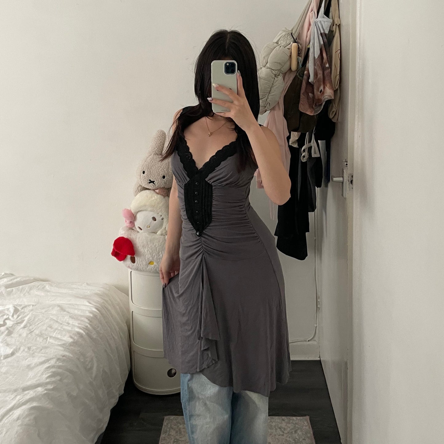 romantic eurosummer morgan de toi purple grey ruched lacey asymmetric hem dress