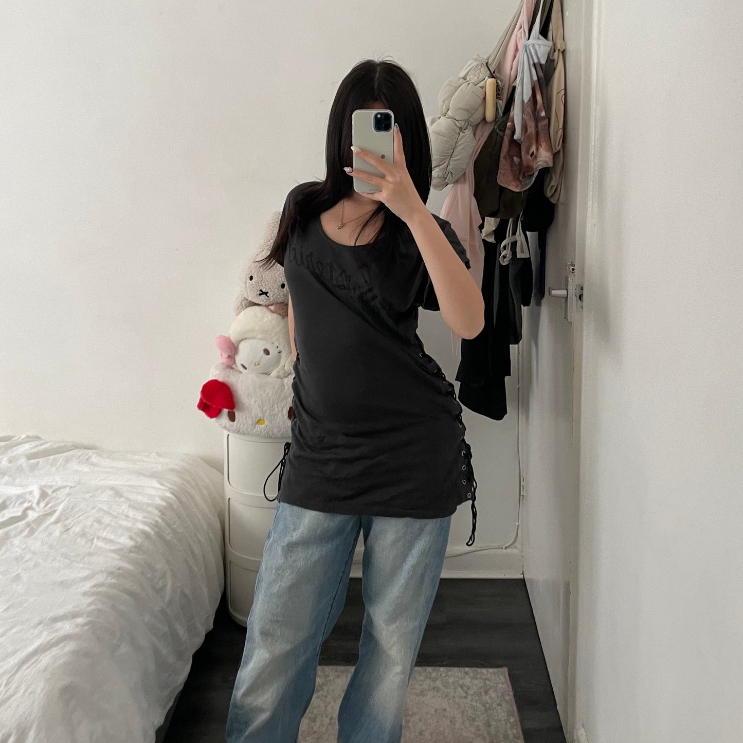 grunge sleaze hysteric glamour grey faded black ruched lace up sides t shirt dress