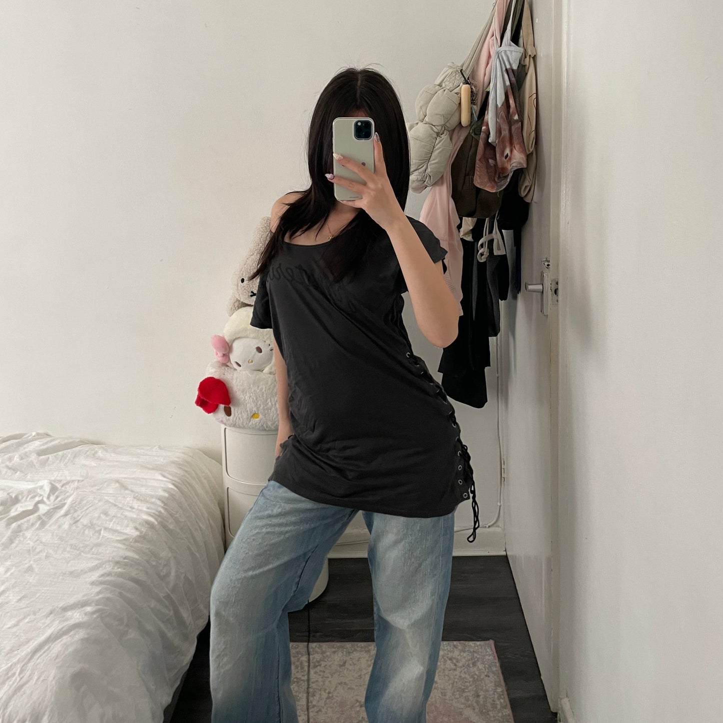 grunge sleaze hysteric glamour grey faded black ruched lace up sides t shirt dress