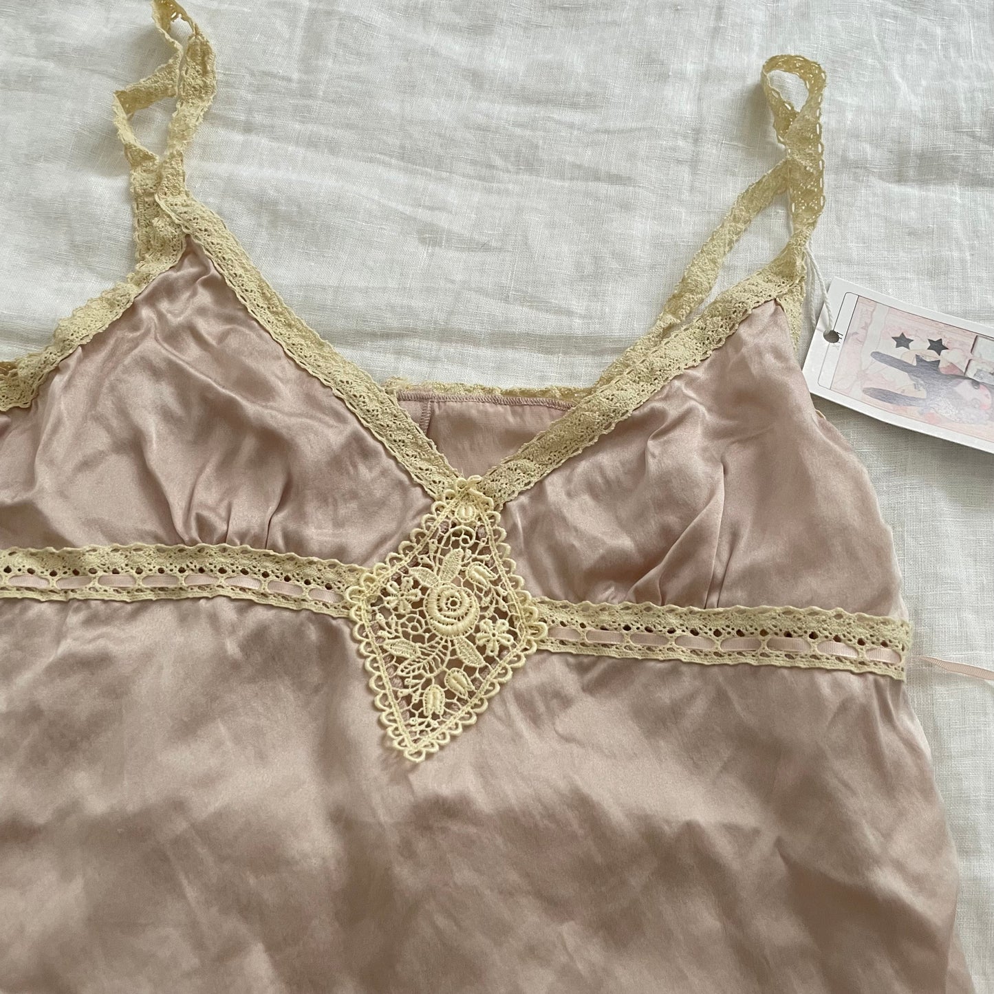 dainty romantic jill stuart silk pink babydoll camisole with beige lace detailing