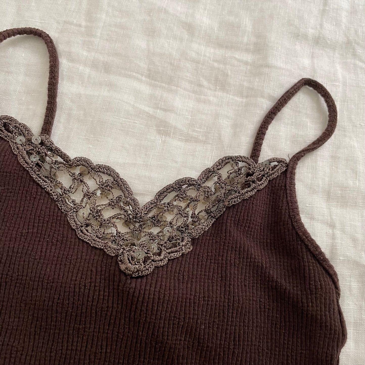 brown morgan de toi fitted crop crochet sequin neckline camisole