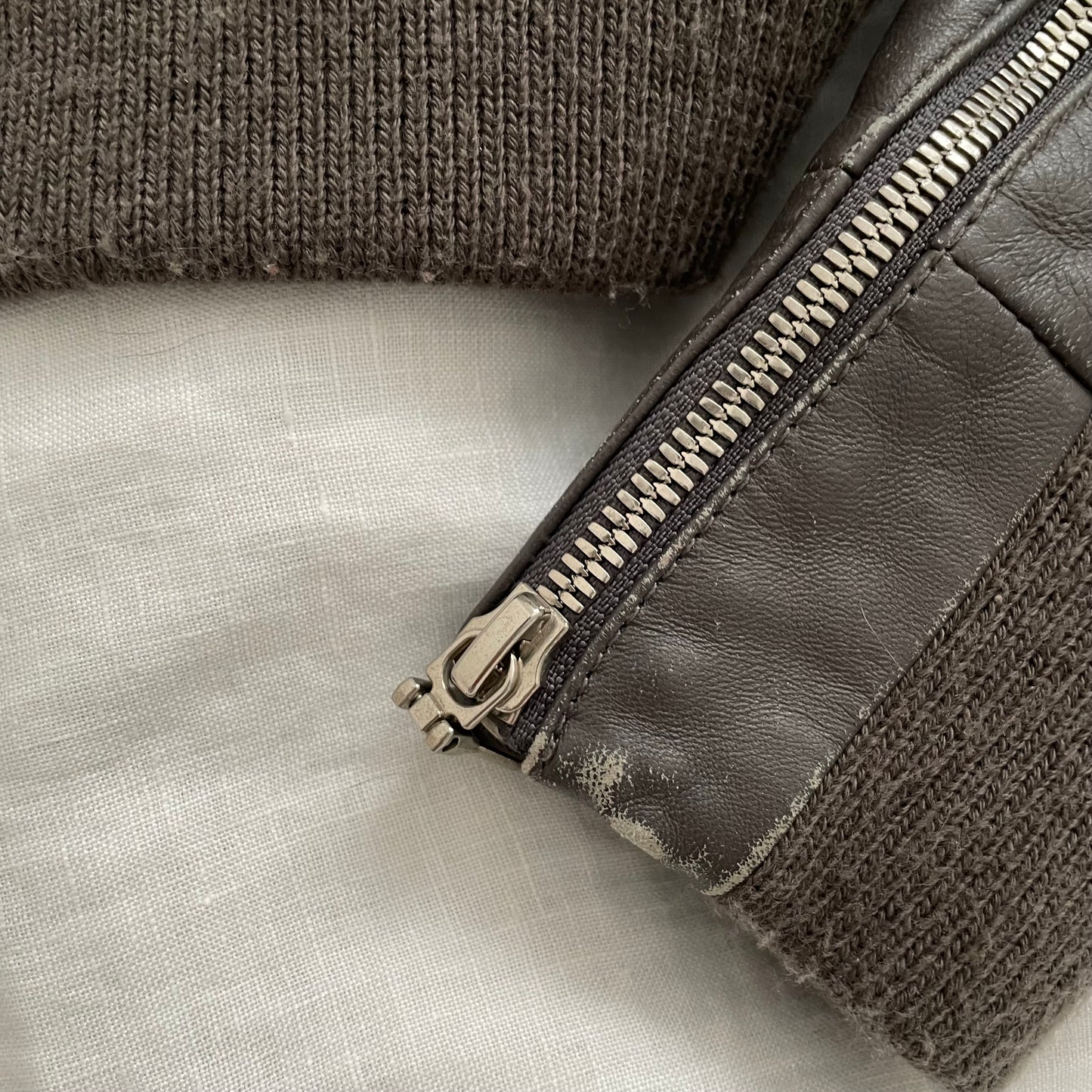 double standard taupe brown grey leather blouson ribbed hem biker jacket