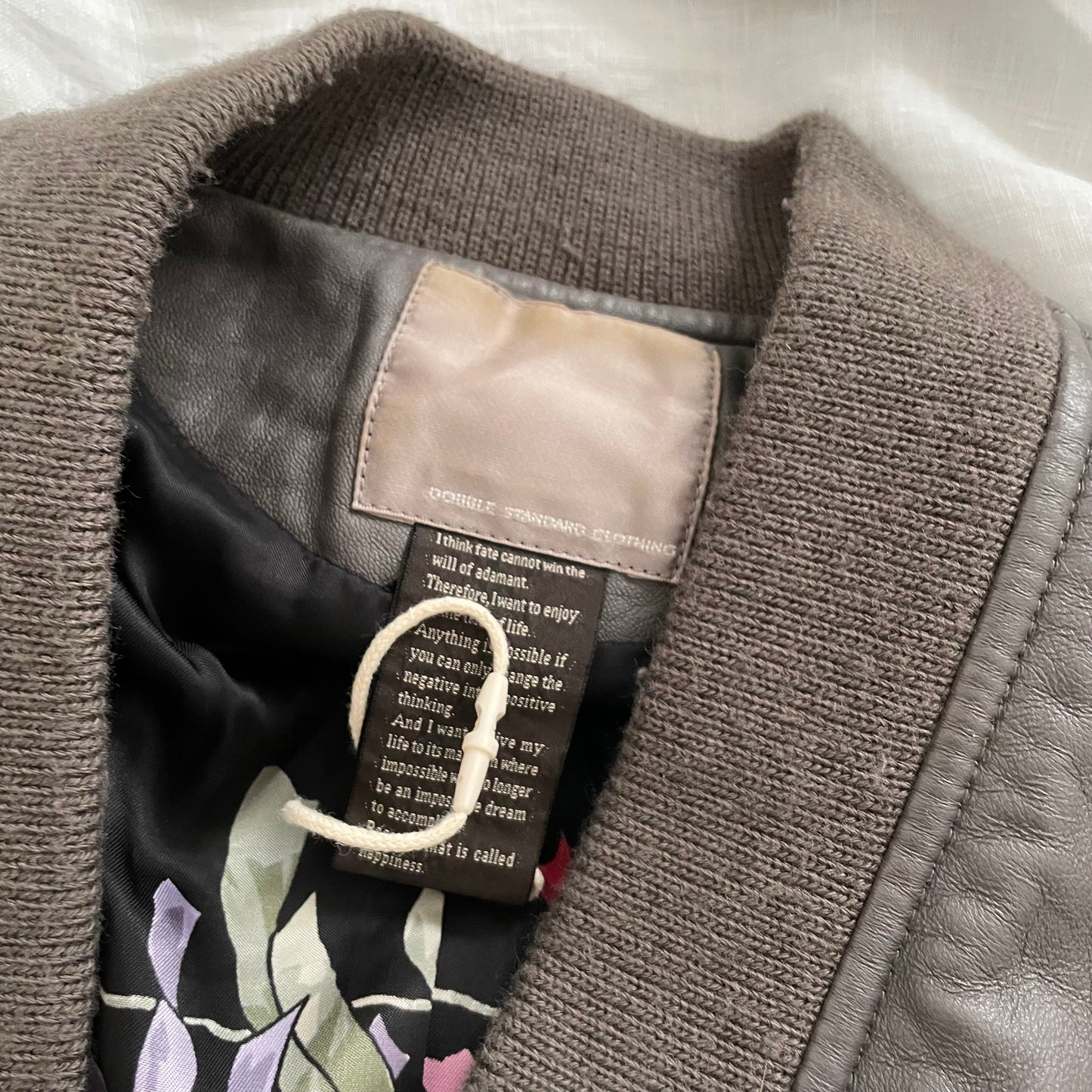 double standard taupe brown grey leather blouson ribbed hem biker jacket
