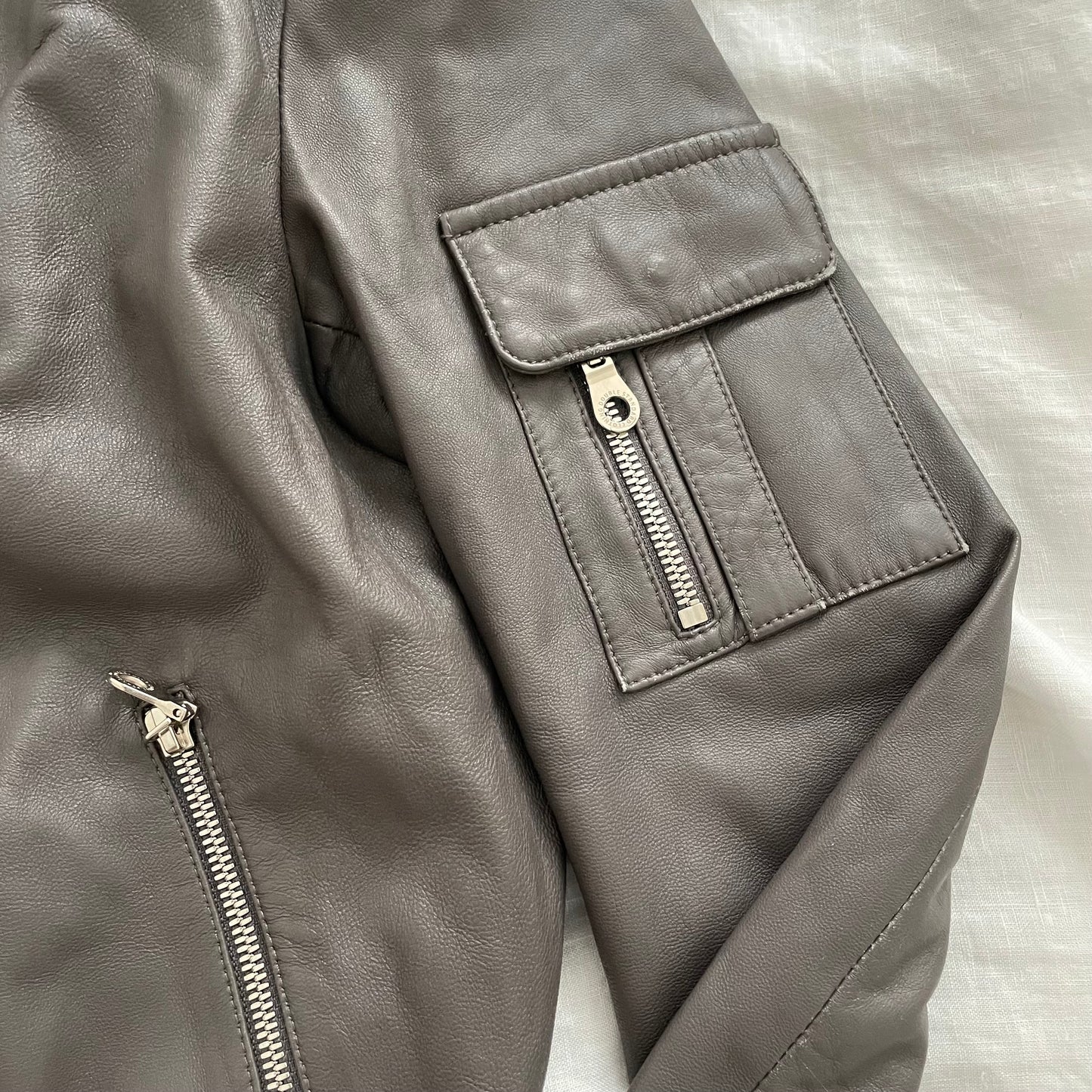 double standard taupe brown grey leather blouson ribbed hem biker jacket