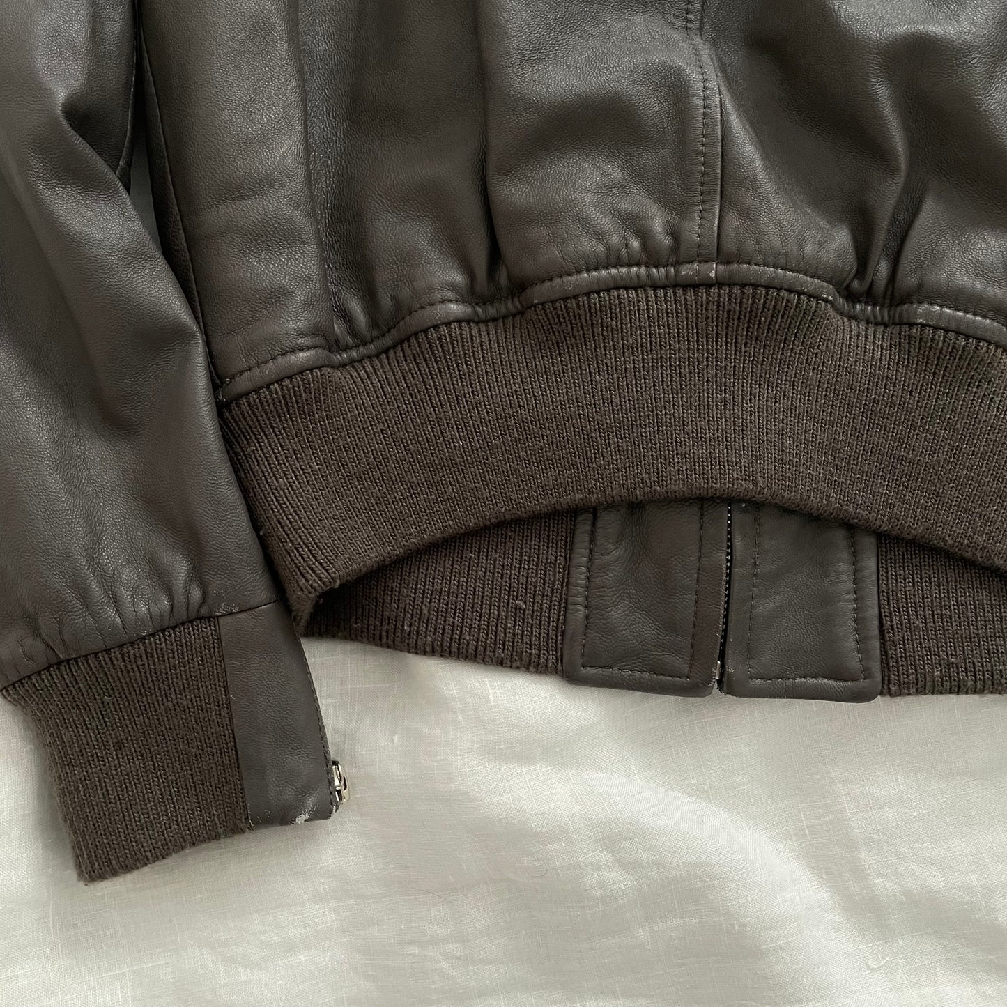 double standard taupe brown grey leather blouson ribbed hem biker jacket