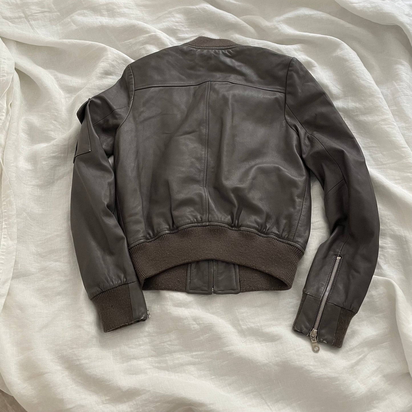 double standard taupe brown grey leather blouson ribbed hem biker jacket