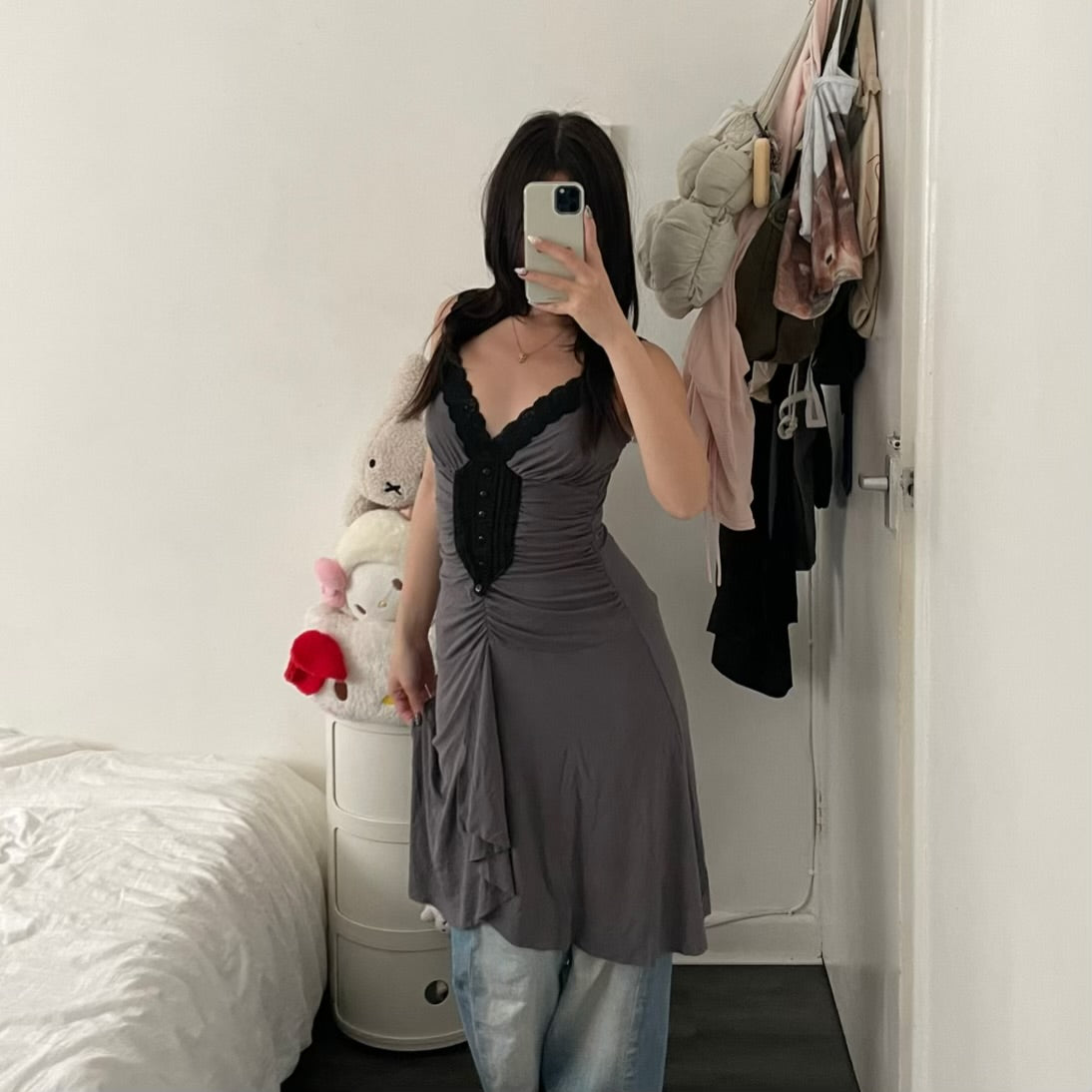 romantic eurosummer morgan de toi purple grey ruched lacey asymmetric hem dress