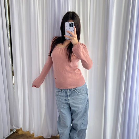 Burberry Blue Label Pink Long Sleeve Ruched Neck Wool Cashmere Balloon Sleeve Knit Sweater