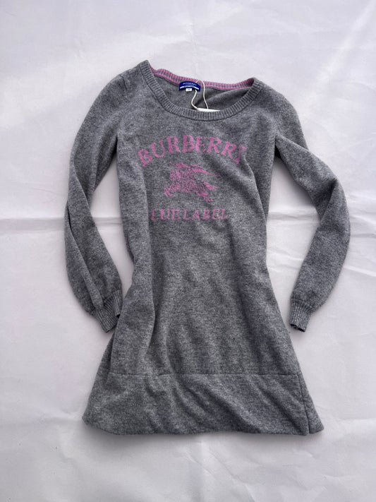 Burberry Blue Label Wool Blend Heather Grey Baby Pink Text Long Sleeve Sweater Dress