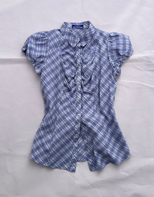 Burberry Blue Label Spring Cornflower Blue Checkered Puff Sleeve Ruffle Collared Blouse