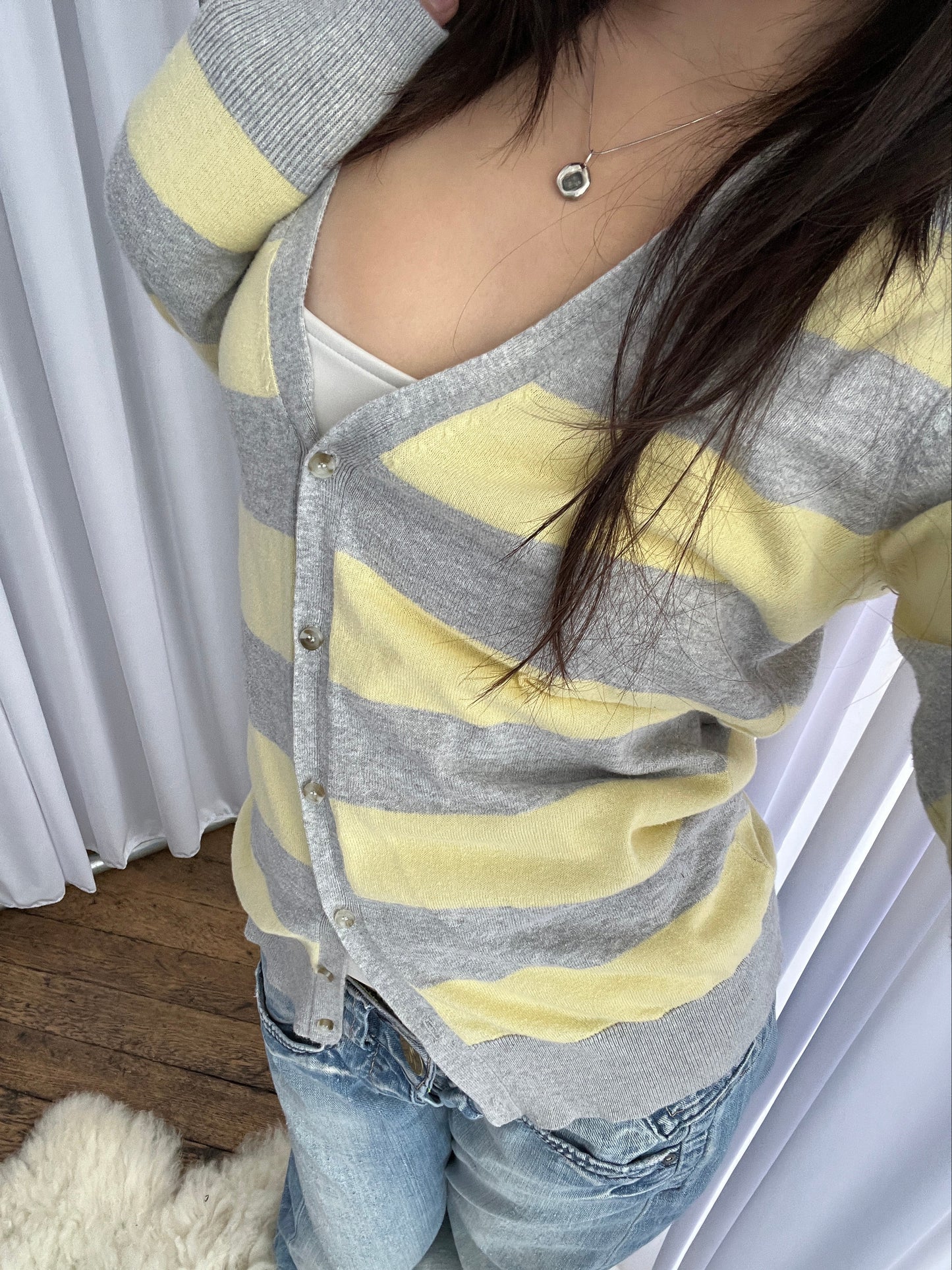 Redoute Yellow Grey Long Sleeve Fine Knit Cardigan