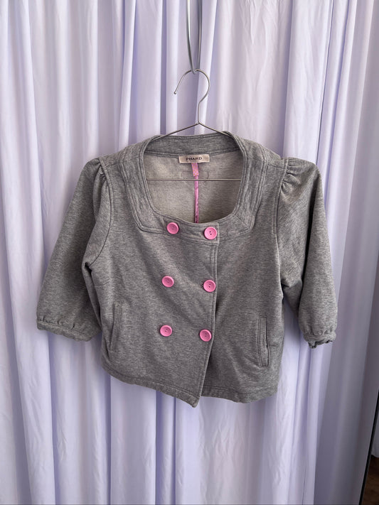 Phard Grey Preppy Baby Pink Button Half Balloon Sleeve Crop Jersey Cardigan Top
