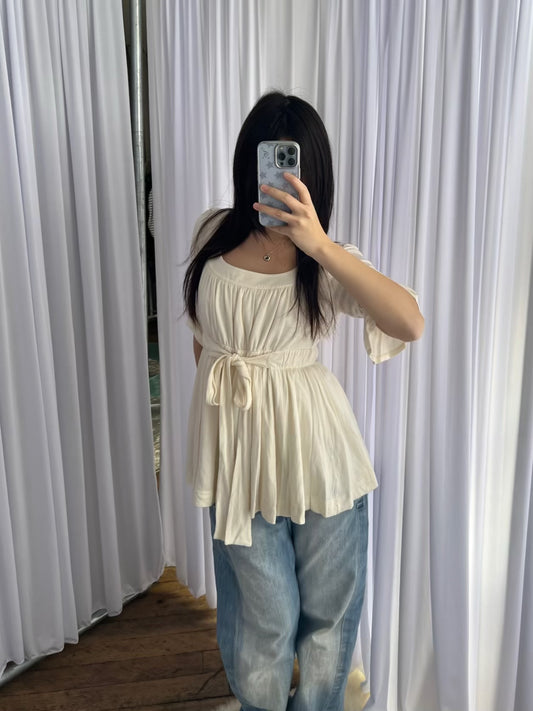 Cream Burberry Blue Label Milkmaid Coquette Half Sleeve Babydoll Ruched Blouson Top