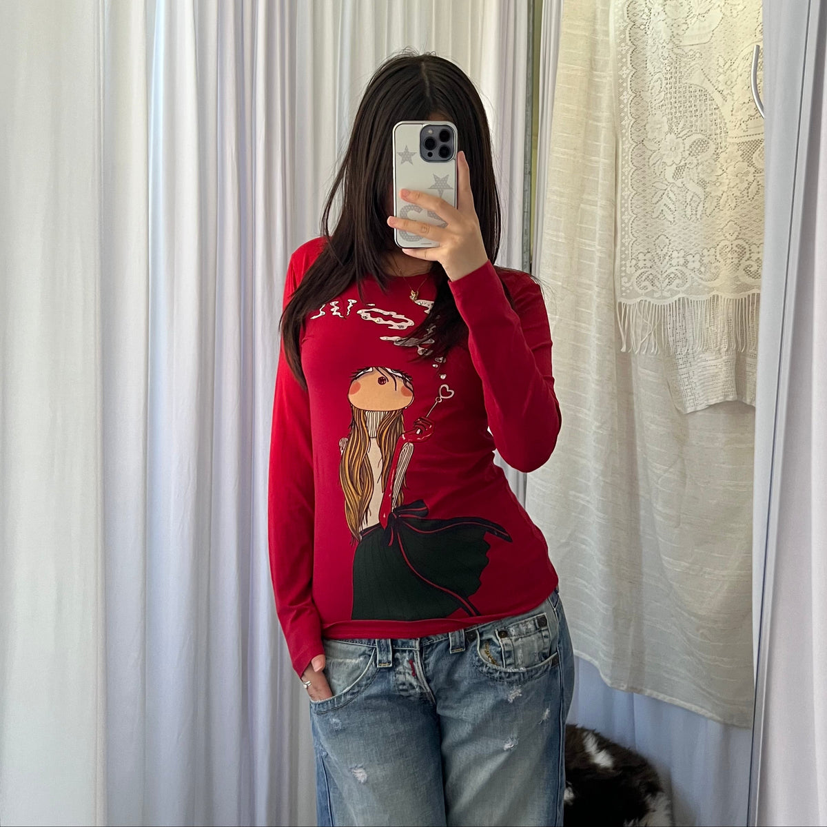 Red Love Moschino Chic Graphic Long Sleeve Shirt