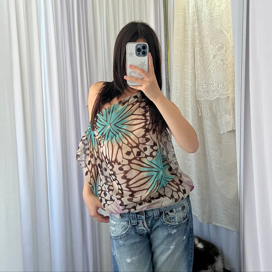 Butterfly Turquoise Pink Draped Blouson