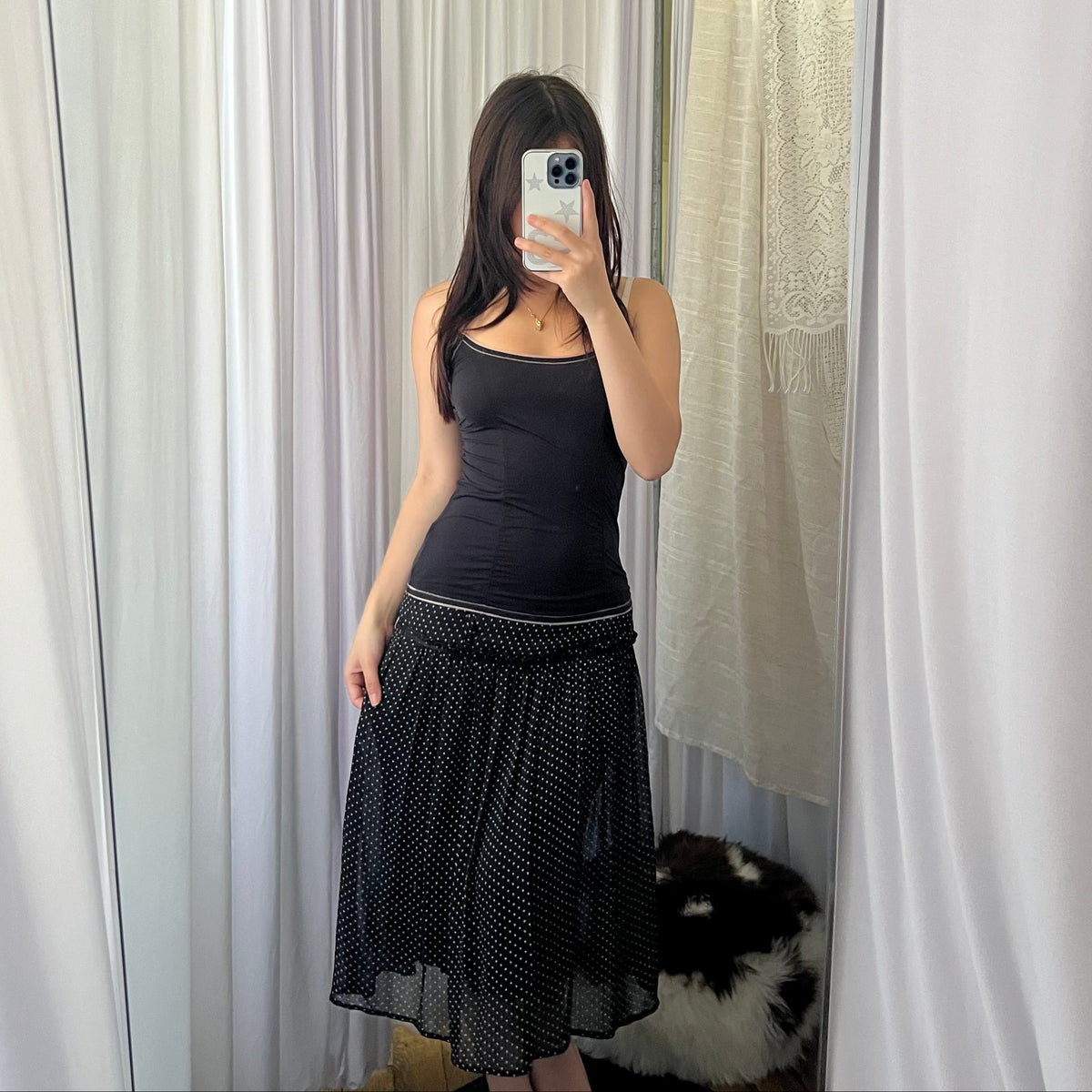 Black White Polka Dot Drop Waist Midi Skirt