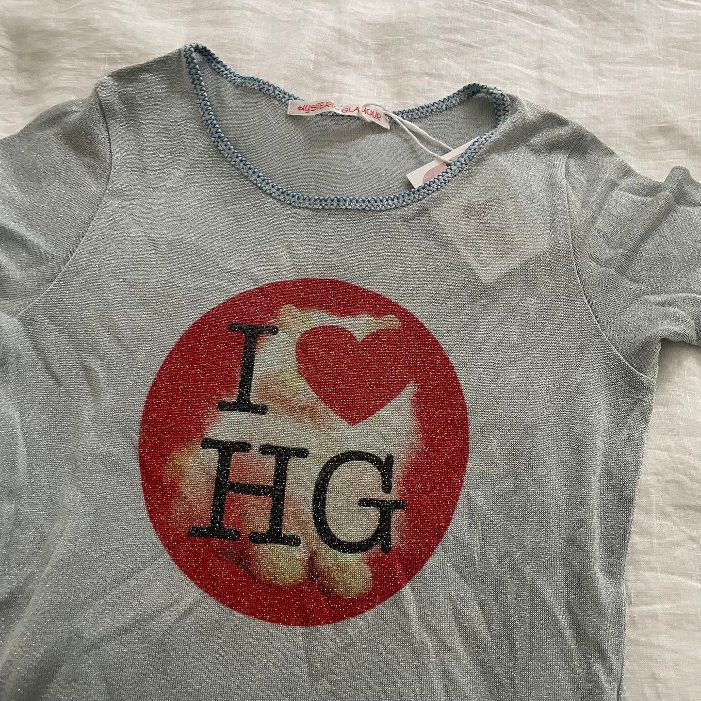 90s hysteric glamour baby blue shimmery glitter short sleeve i love hg cat print fitted shirt