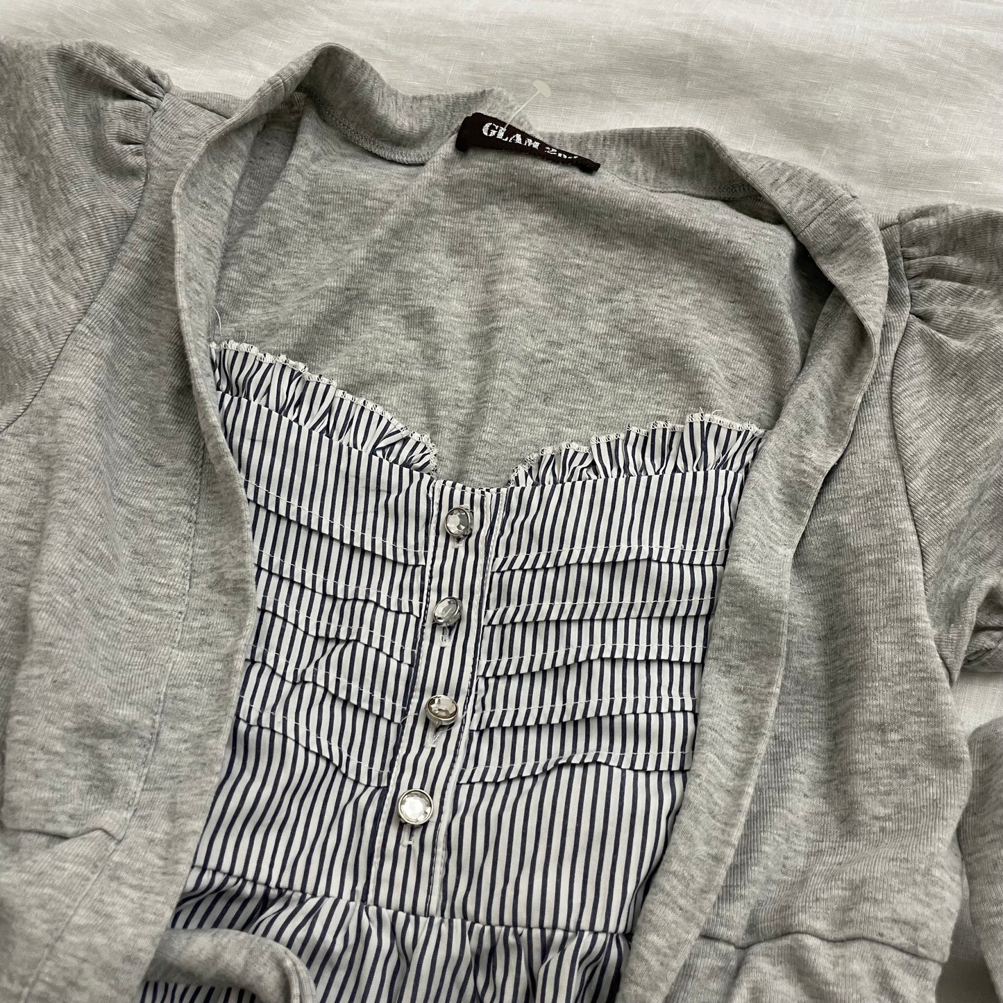 glam 2nd grey short sleeve faux layered cardigan striped babydoll top two in one