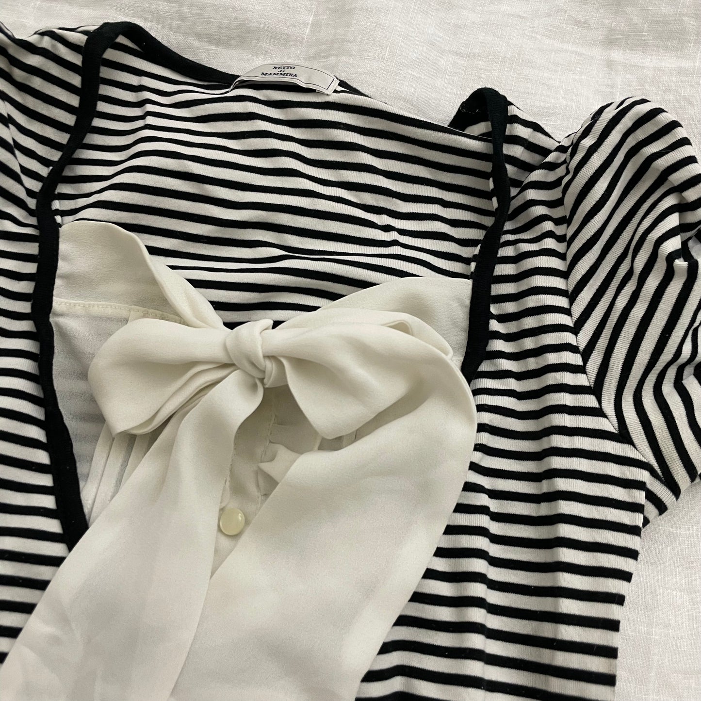 netto di mammina black striped puff sleeve ribbon bow bust fitted milkmaid style top