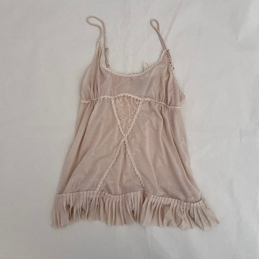 Kookai Ivory Pink Lace Picot Trim Pleated Babydoll Camisole