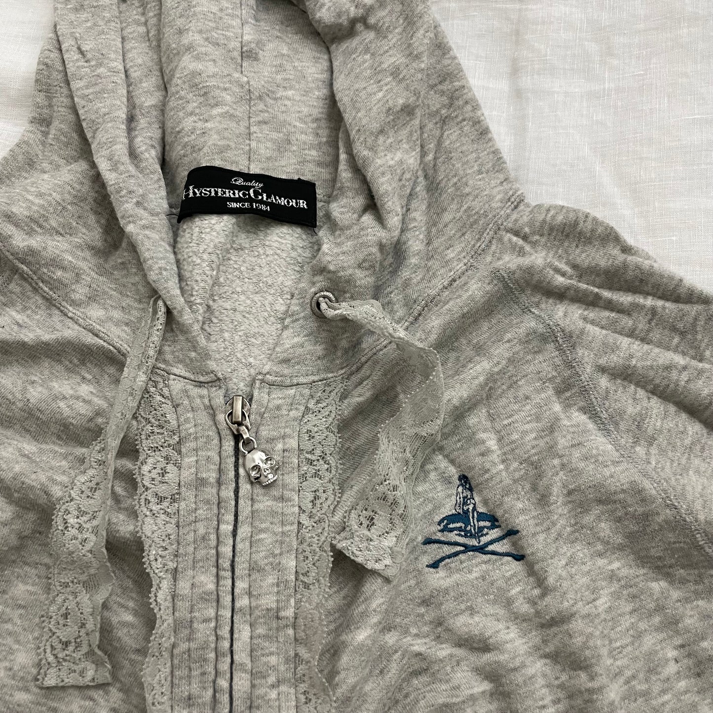 vintage hysteric glamour coquette grey lace ruched long sleeve hoodie