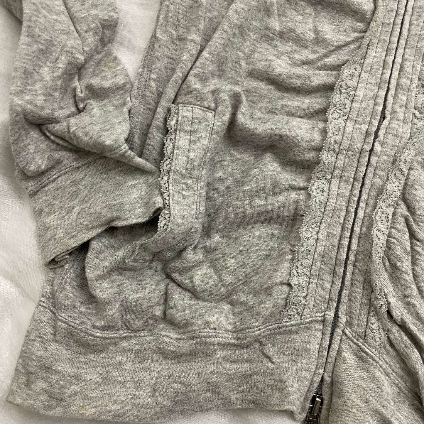 vintage hysteric glamour coquette grey lace ruched long sleeve hoodie