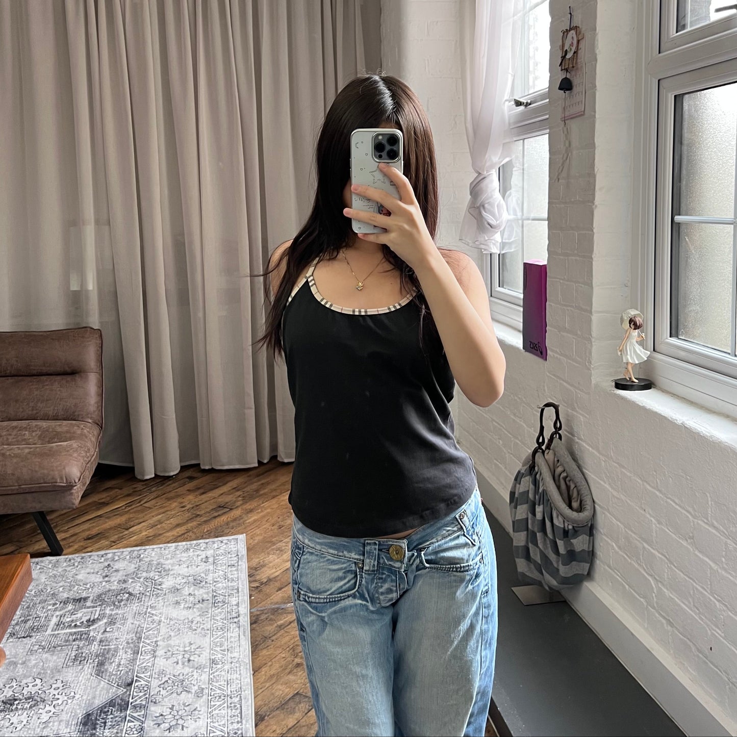 burberry black halterneck camisole with nova check ribbon strap