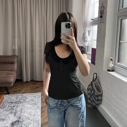coquette preppy peter pan collar mim black polka dot short sleeve top