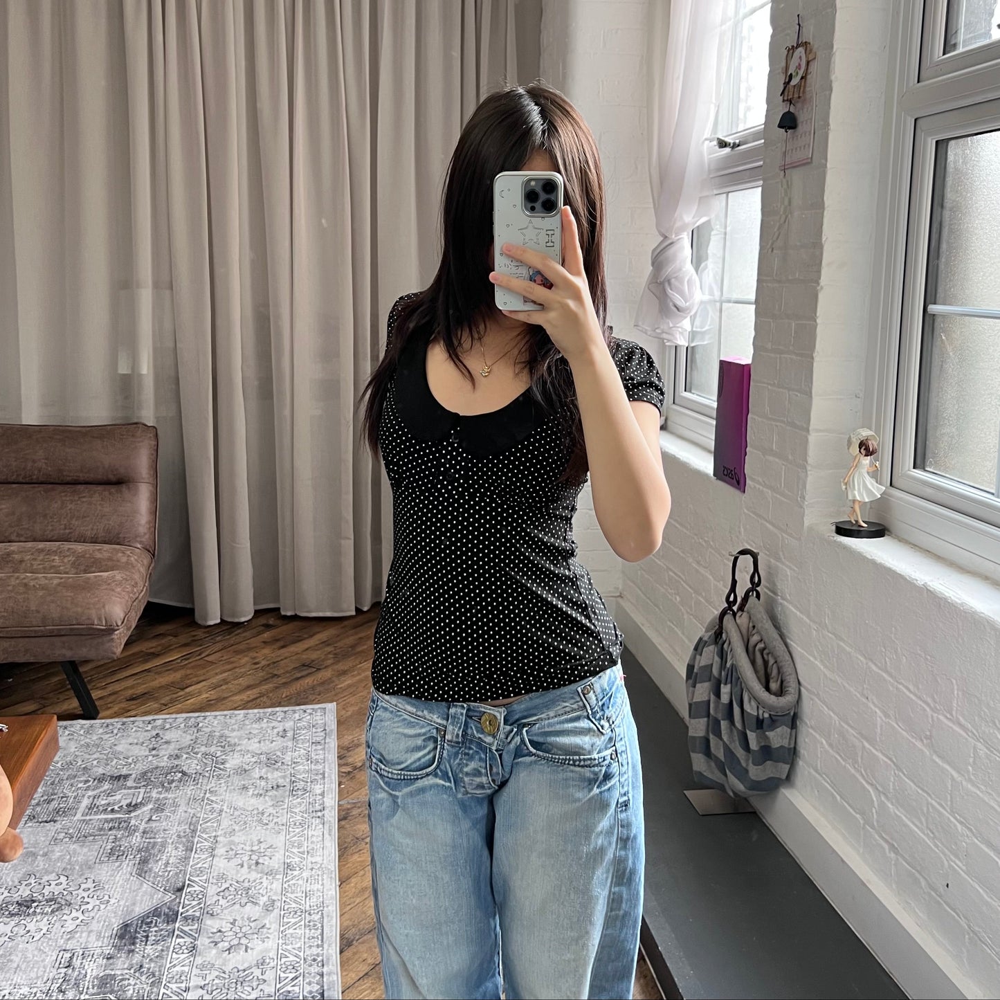 coquette preppy peter pan collar mim black polka dot short sleeve top