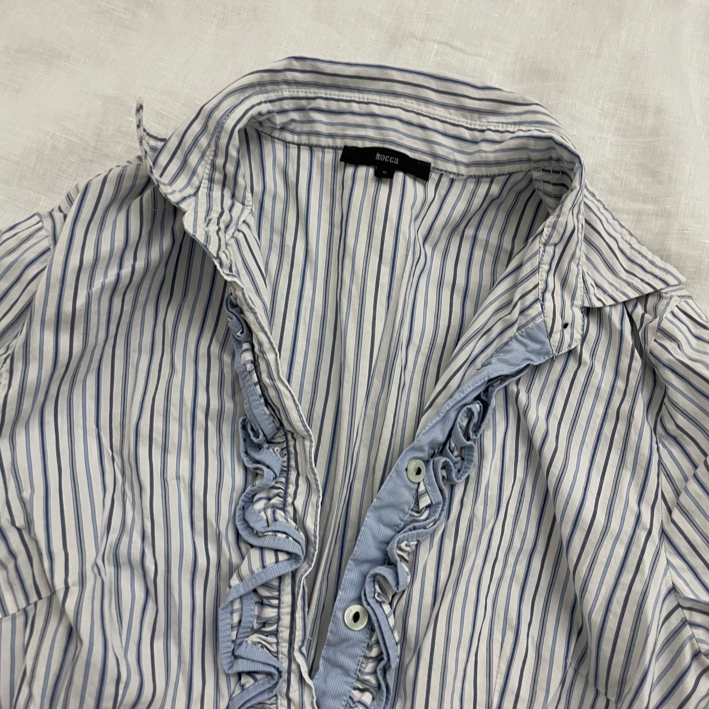 vintage kocca baby blue striped long sleeve blouse with ruffle detail
