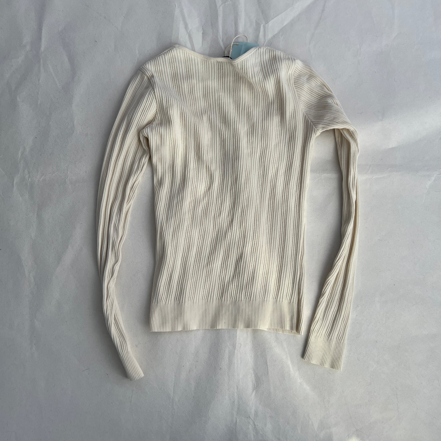 IKKS Cream Beige Ribbed Fitted Layered Brass Button Faux Cardigan Top