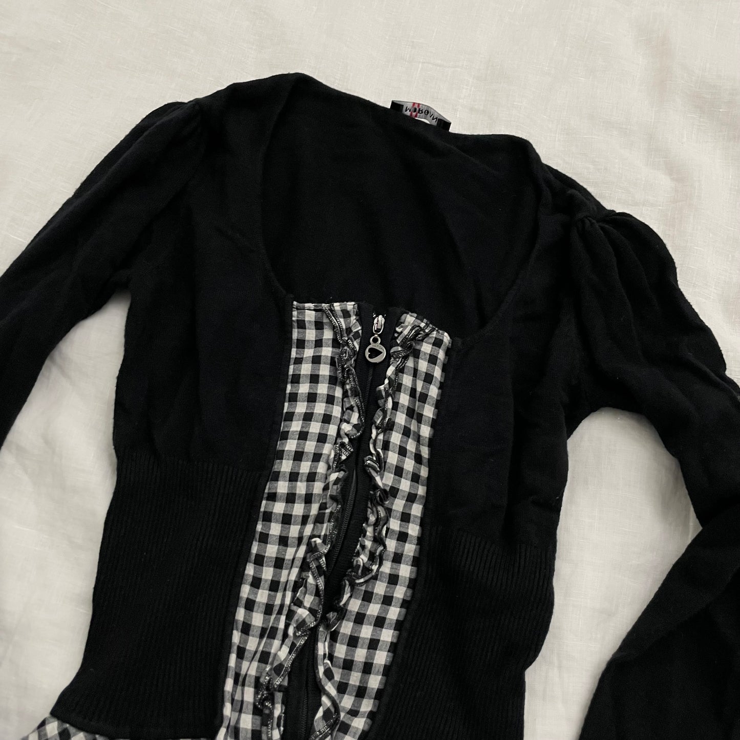 morgan dark academia black gingham ruffle hem long sleeve zip top